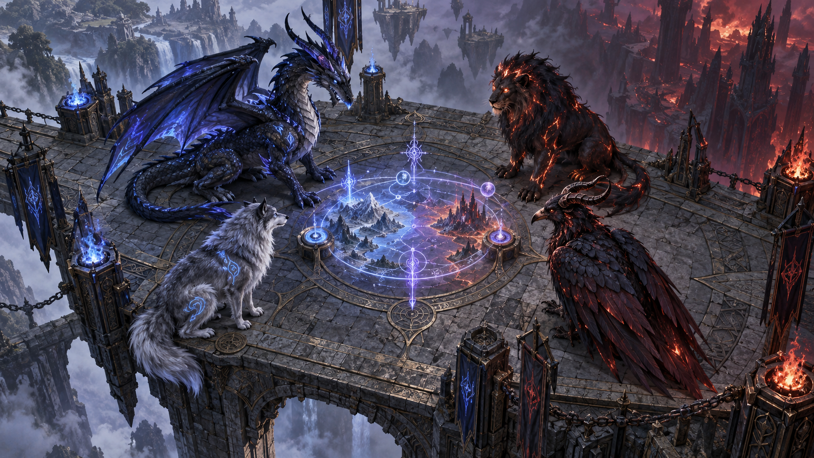Drache und Wolf verhandeln an einer magischen Karte mit zwei Tieren aus der Dämonenwelt