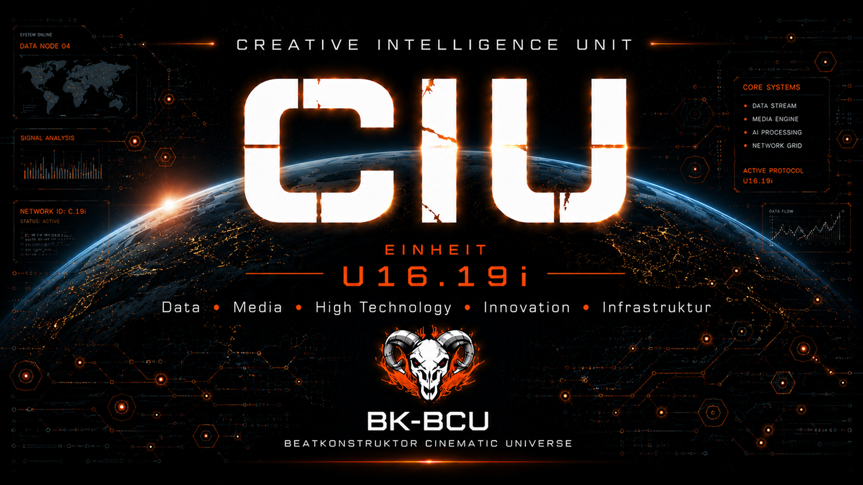 Futuristische CIU-Kommandozentrale über der Erde mit der Kennzeichnung Creative Intelligence Unit U16.19i