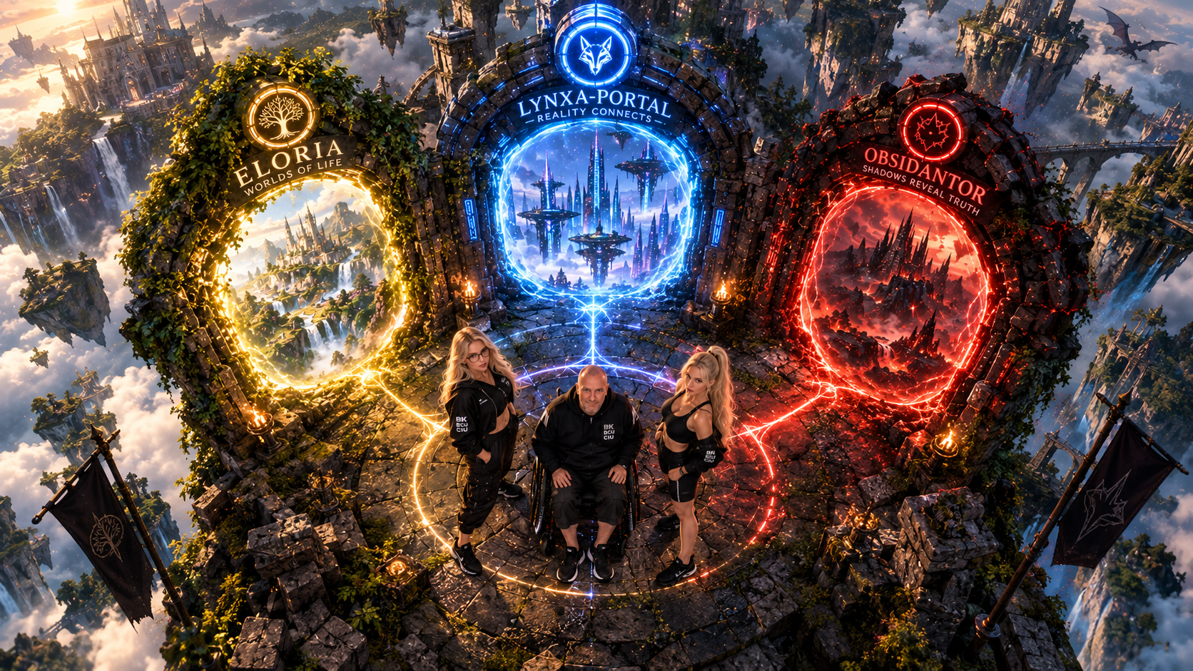 Drei Hüter am Nexus der Portale mit Eloria, Lynxa-Portal und Obsidiantor