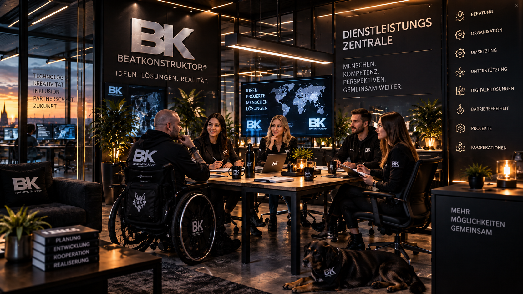 Gemeinsames BK-Meeting in einer warm beleuchteten Dienstleistungs- und Technologiezentrale.